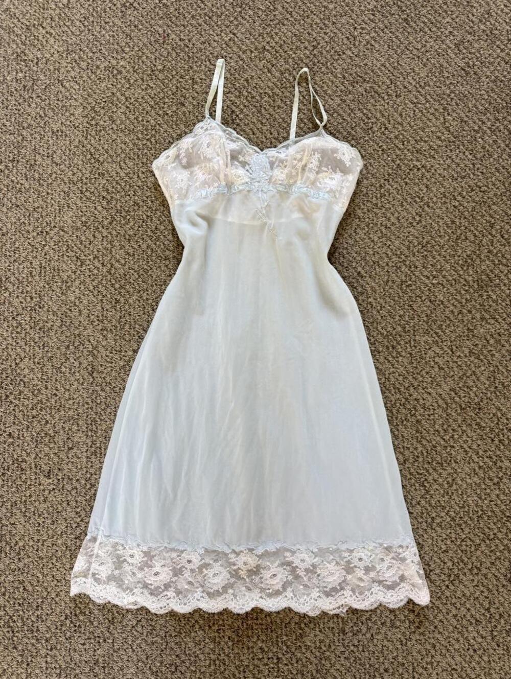true vintage light blue with white lace babydoll slip dress with rose embroidery
